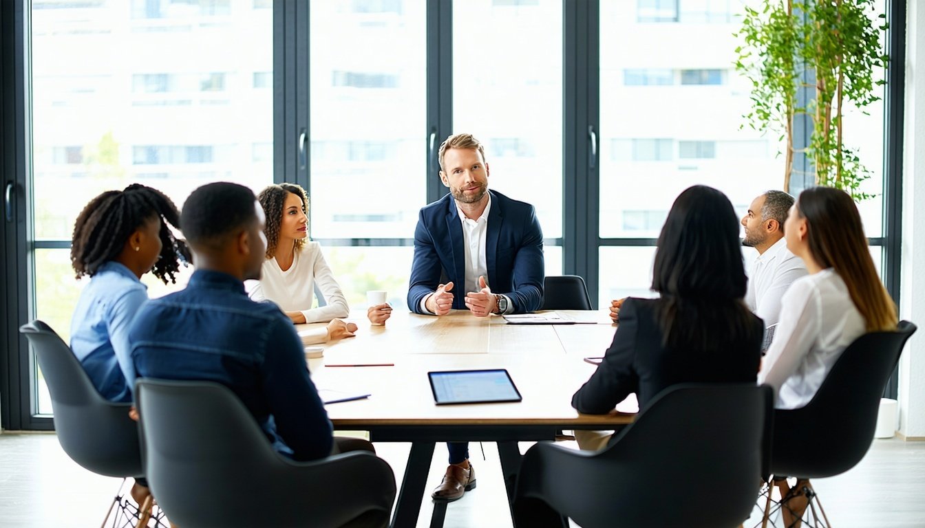 Business coach leading a strategy session with senior management team