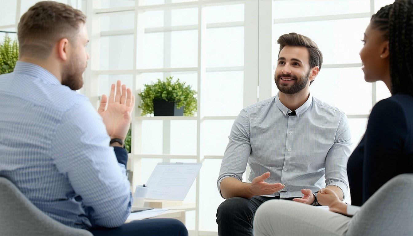Business owner and coach discussing growth strategies